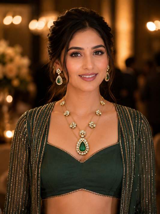 Emerald Kundan Double Layer Necklace & Earring Set