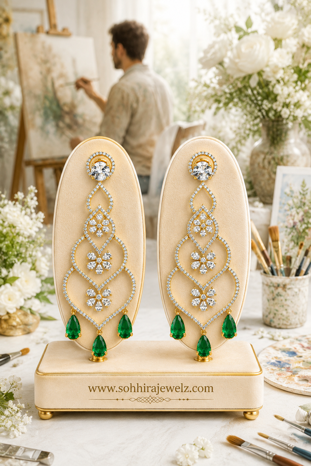 Emerald Diamond Gold Chandelier Earrings