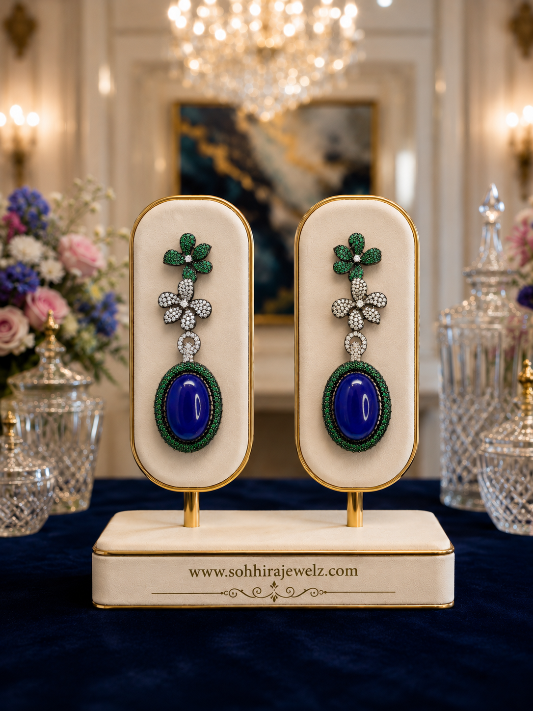 Royal Lapis Emerald Floral Drop Earrings on luxury cream gold display stand