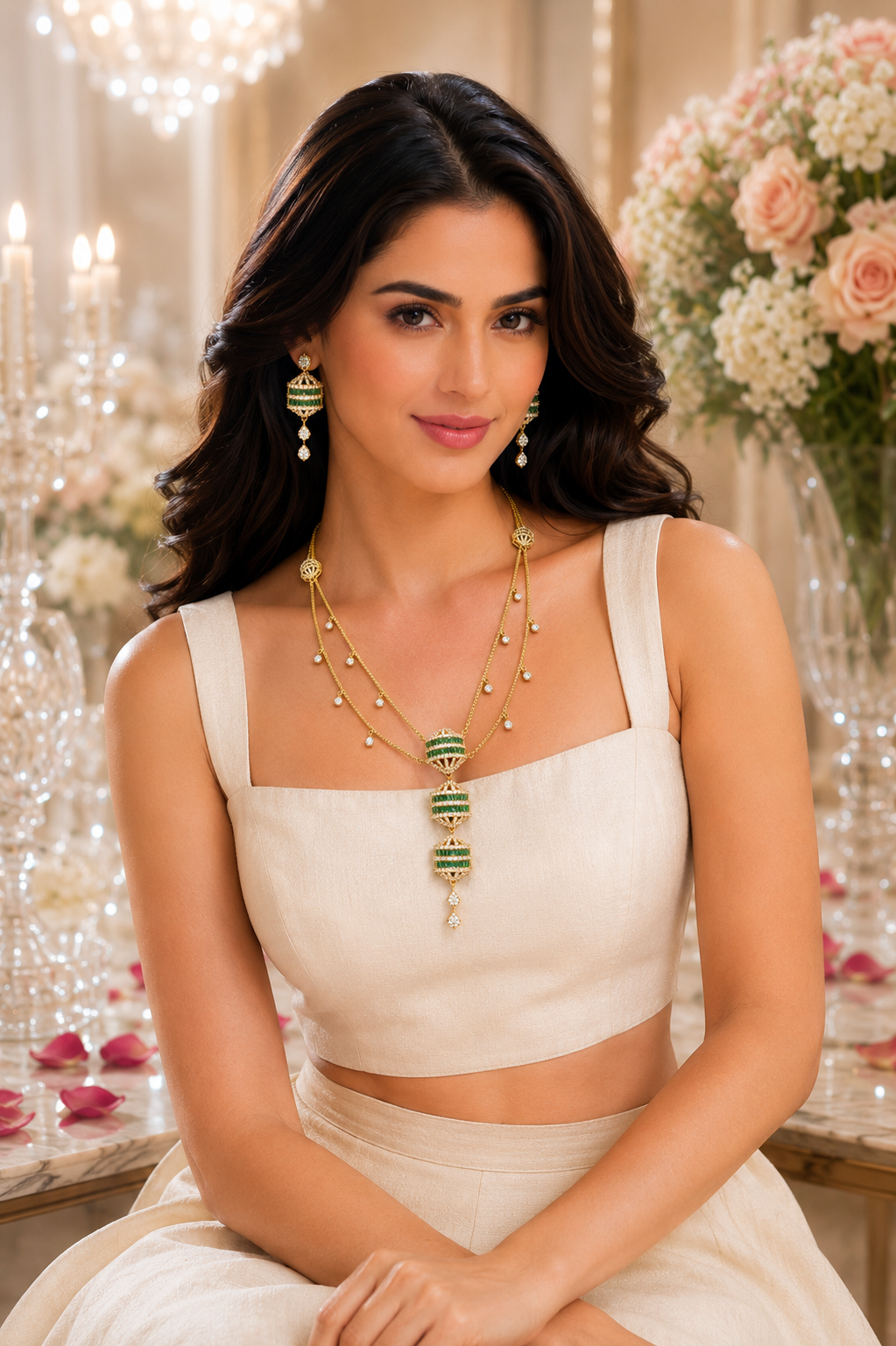 Model wearing Emerald Lantern Diamond Necklace Set with ivory lehenga - seated full view