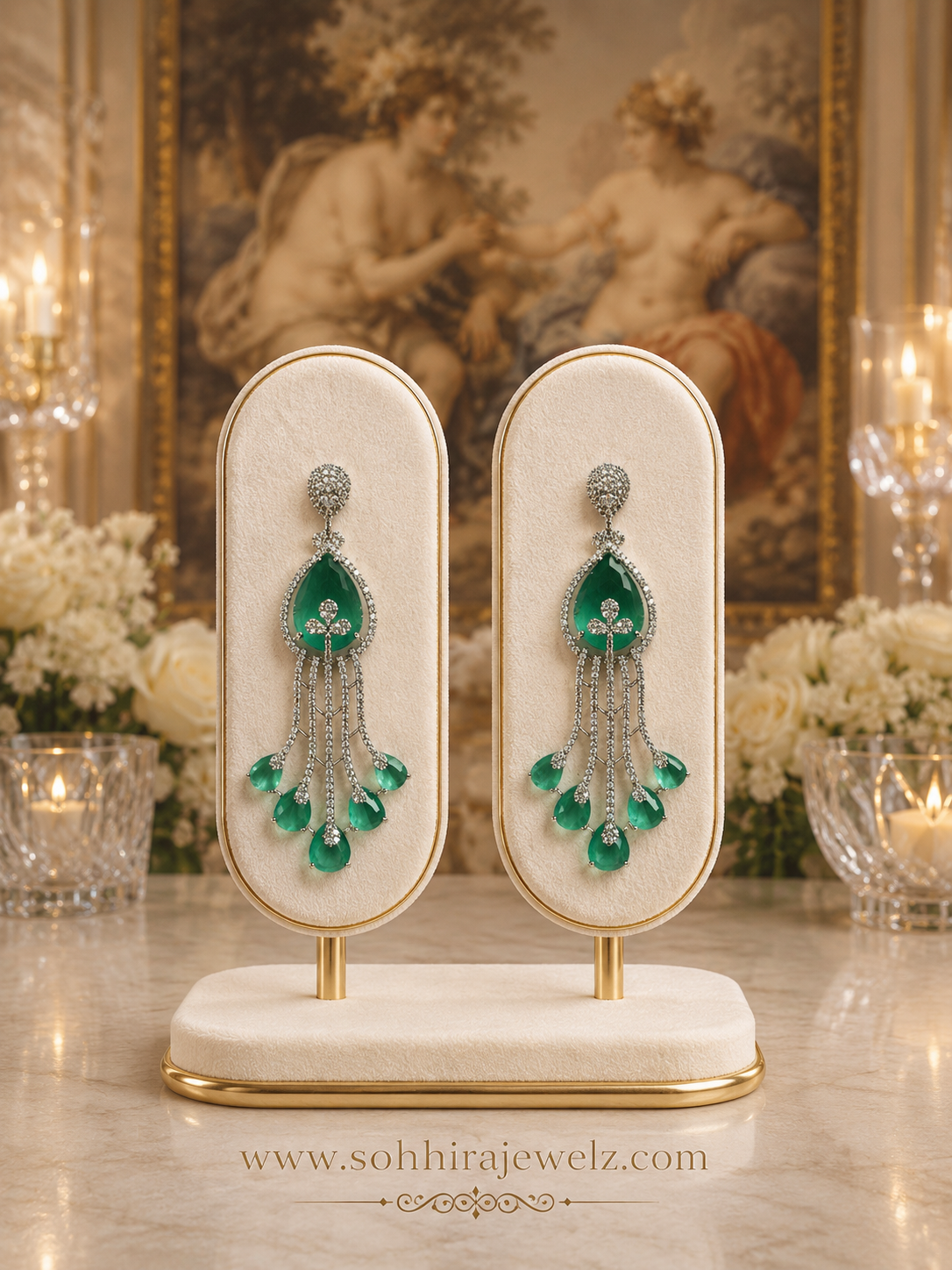 Model wearing Emerald Cascade Diamond Chandelier Earrings White Gold with yellow floral lehenga - side profile