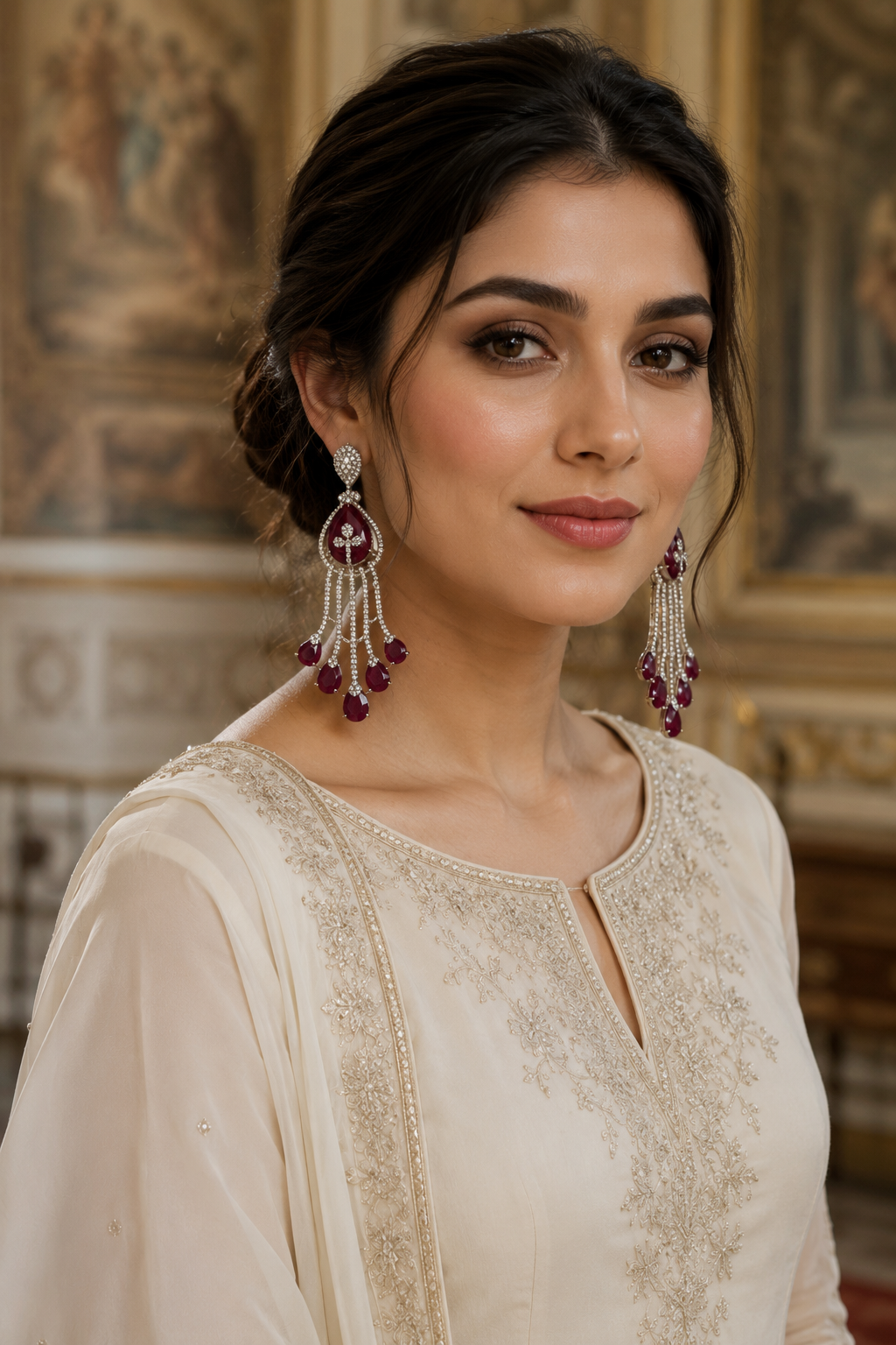 Model wearing Ruby Cascade Diamond Chandelier Earrings with ivory chikankari - side profile view