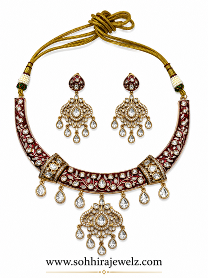 Maroon Polki Meenakari Necklace (HASLI)