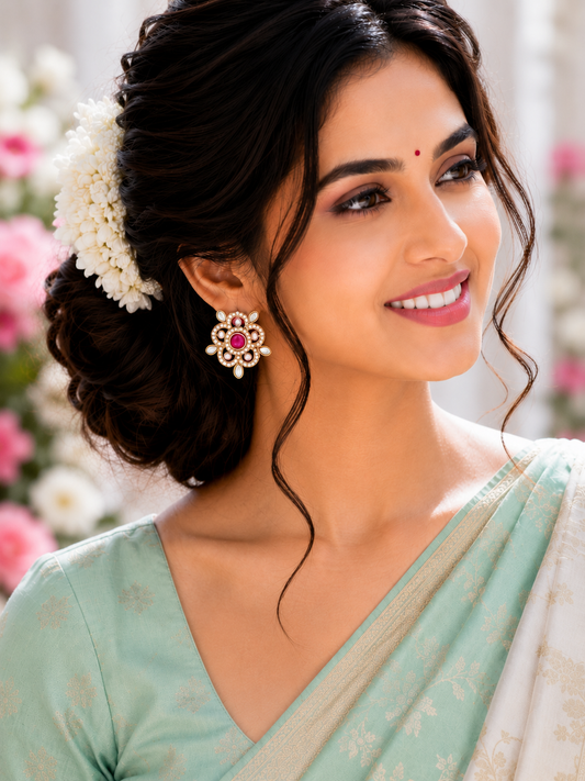 Ruby Blossom Polki Stud Earrings