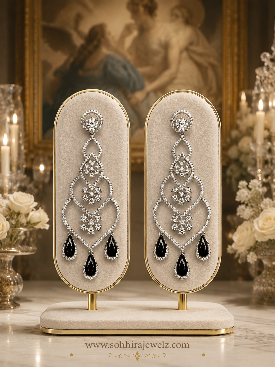 Midnight Noir Diamond Chandelier Earrings on luxury display stand