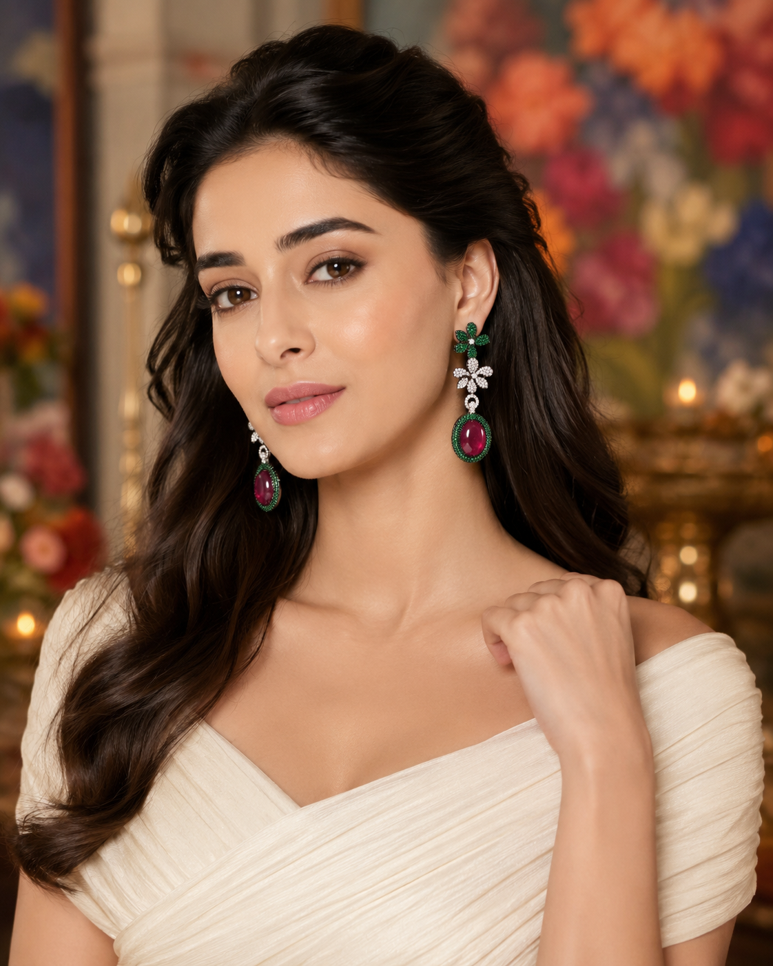 Model wearing Emerald Garden Ruby Drop Earrings with white off-shoulder outfit