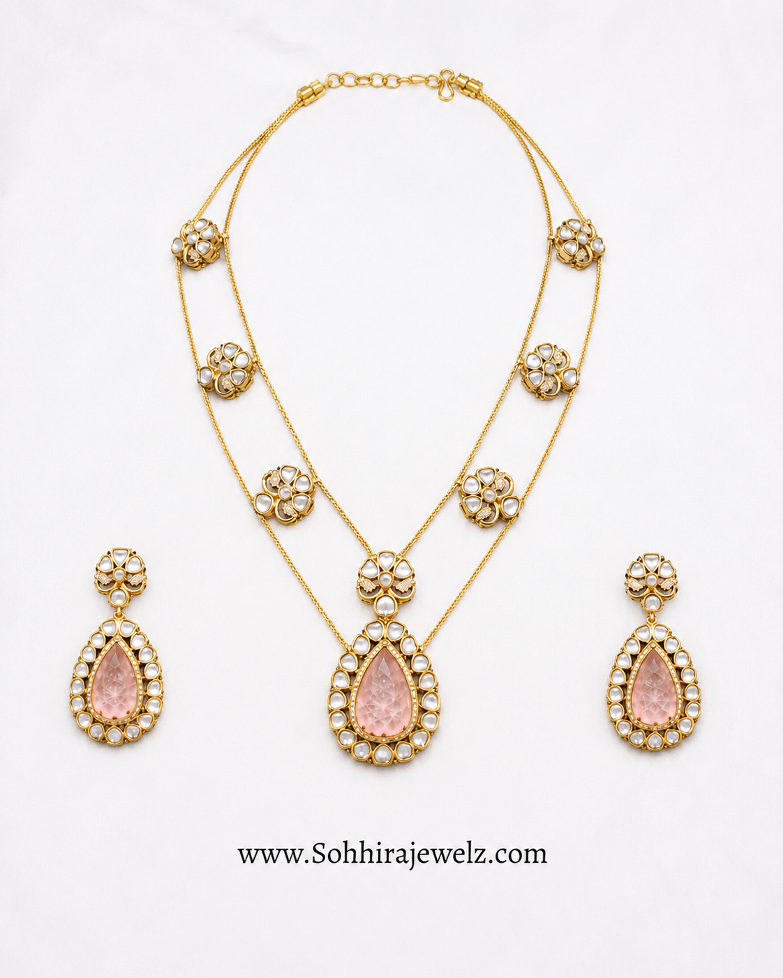 Rose Quartz Kundan Double Layer Necklace.