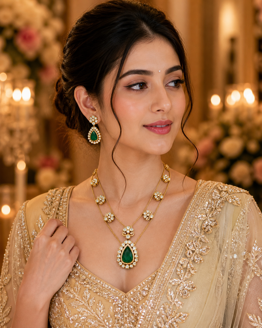 Emerald Kundan Double Layer Necklace & Earring Set