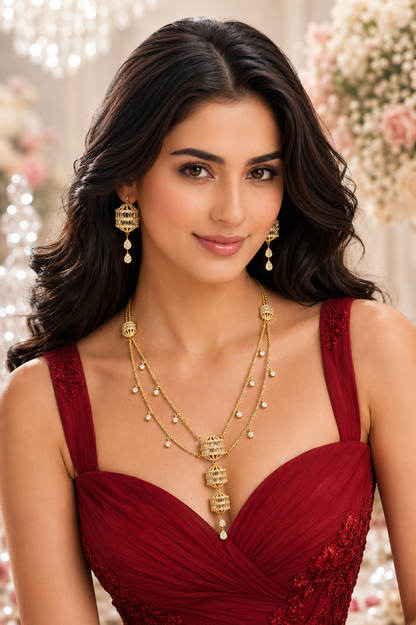 Model wearing Diamond Lantern Necklace Set with crimson gown - full portrait view