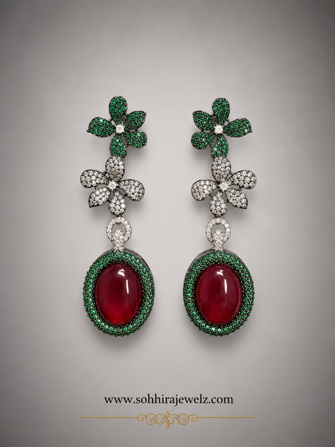 Emerald Garden Ruby Drop Earrings product flat lay on white background