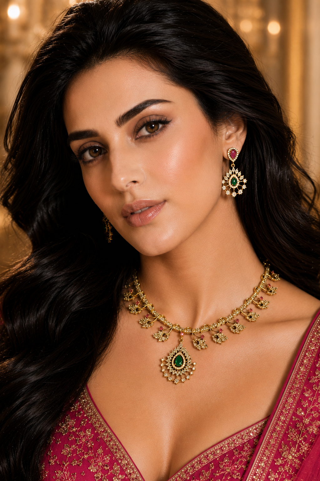 Emerald Ruby Gold Leaf Necklace