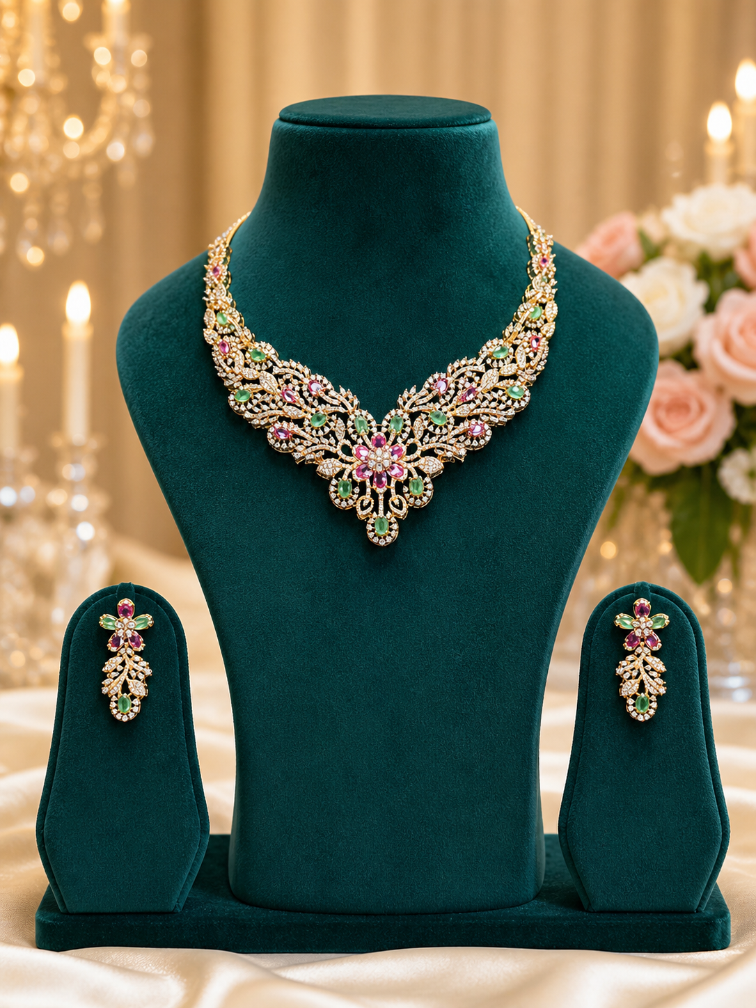 Floral Multicolour Diamond Necklace and Earring