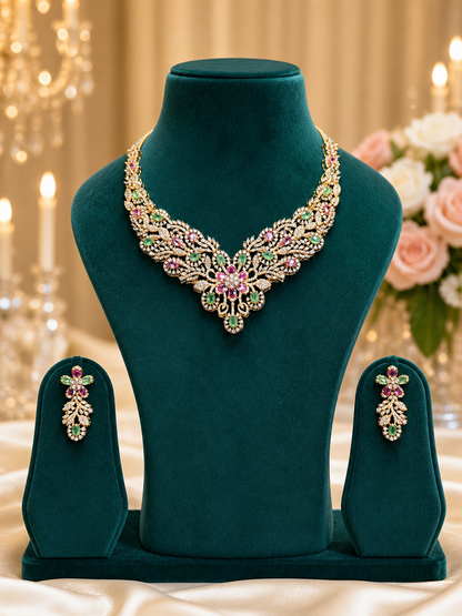 Floral Multicolour Diamond Necklace and Earring