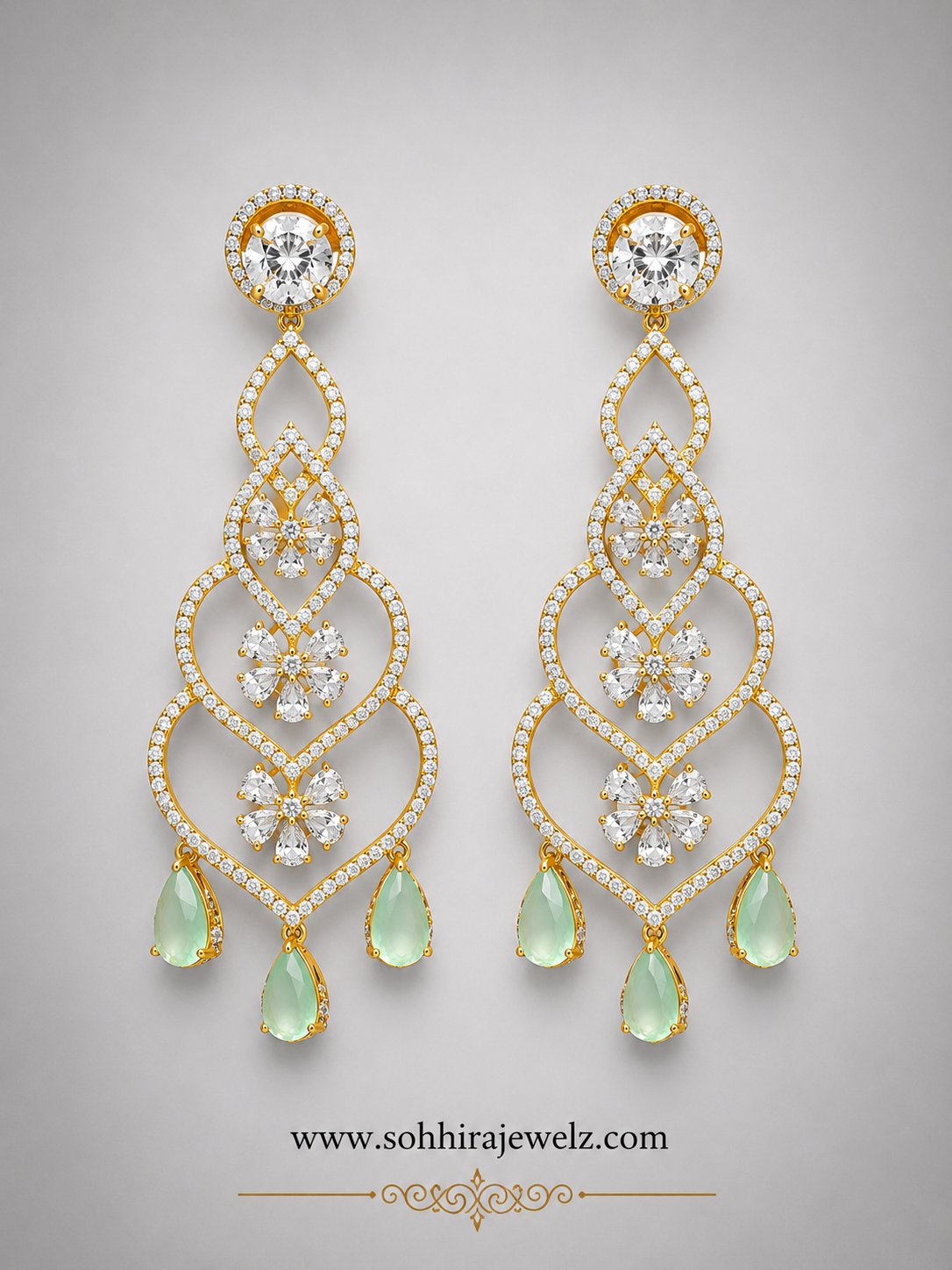 Mint Blossom Diamond Chandelier Earrings product flat lay on white background