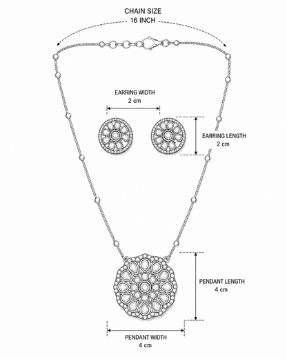 Sitara Polki Sapphire Pendant Set size chart - 16 inch chain, 4cm pendant, 2cm earrings