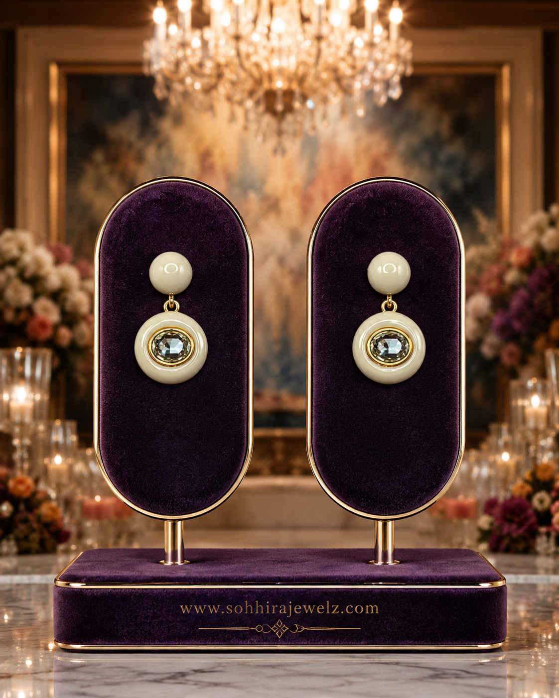 Pearl White Enamel Smoke Crystal Drop Earrings on royal purple velvet oval display stands with chandelier backdrop