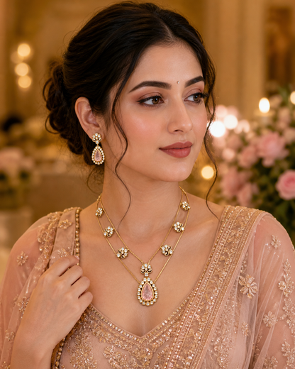 Rose Quartz Kundan Double Layer Necklace.