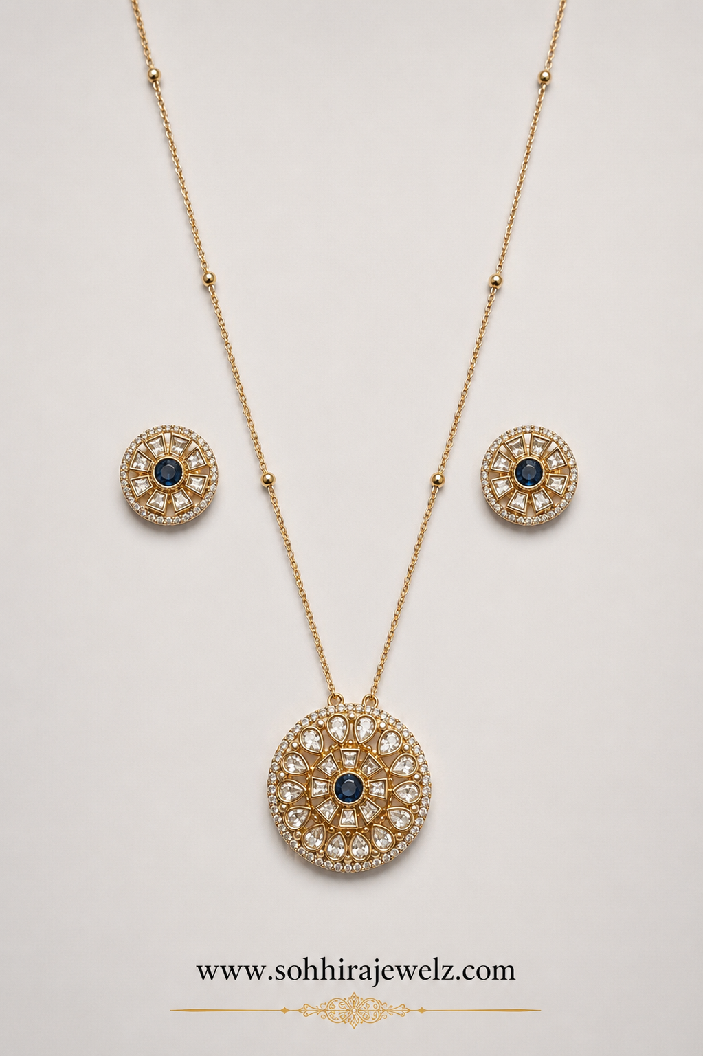 Model wearing Sitara Polki Sapphire Pendant Set with rust lehenga - front view