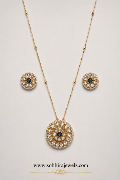 Model wearing Sitara Polki Sapphire Pendant Set with rust lehenga - front view