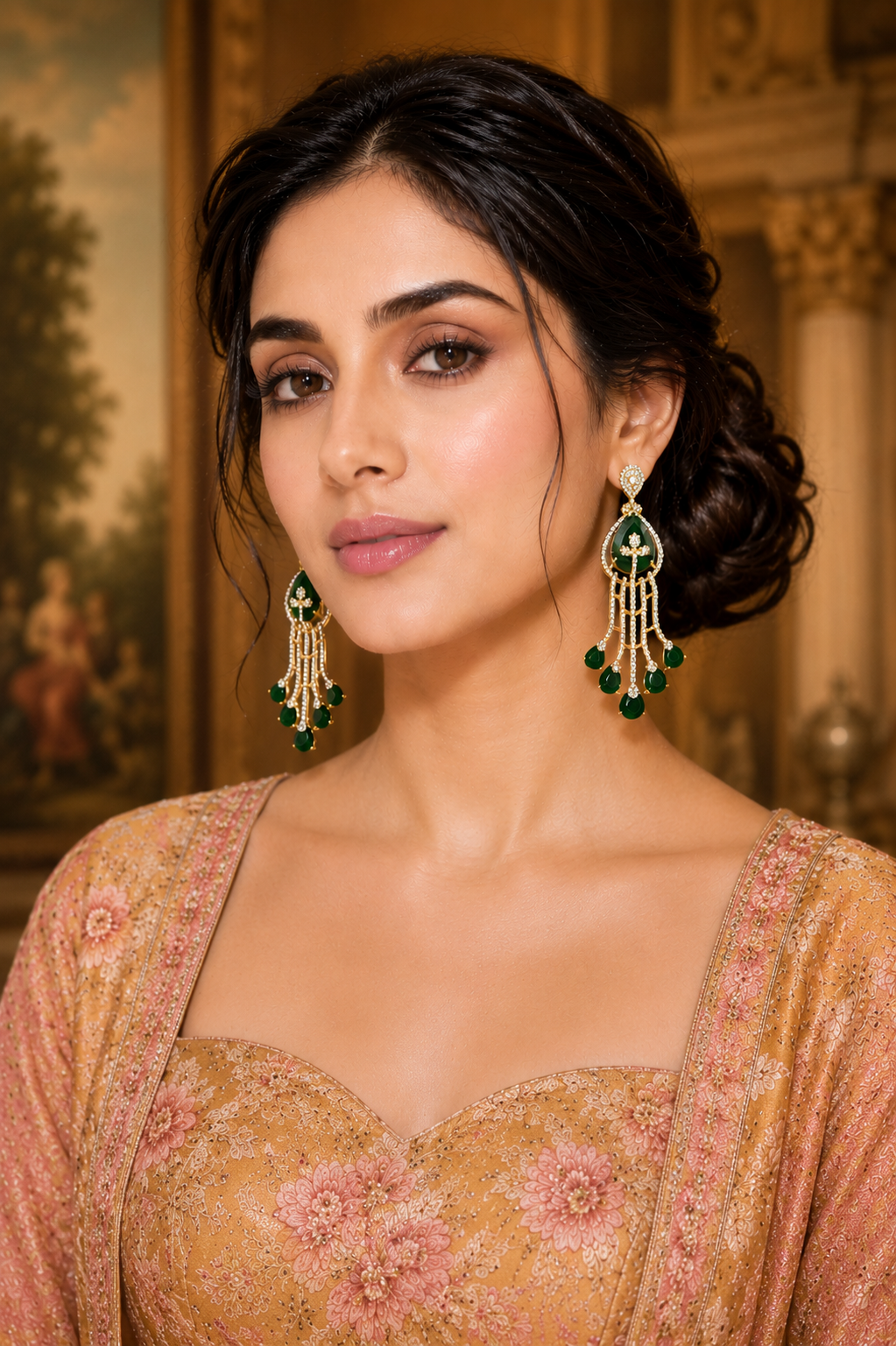 Model wearing Emerald Cascade Diamond Chandelier Earrings with peach lehenga - close up front view