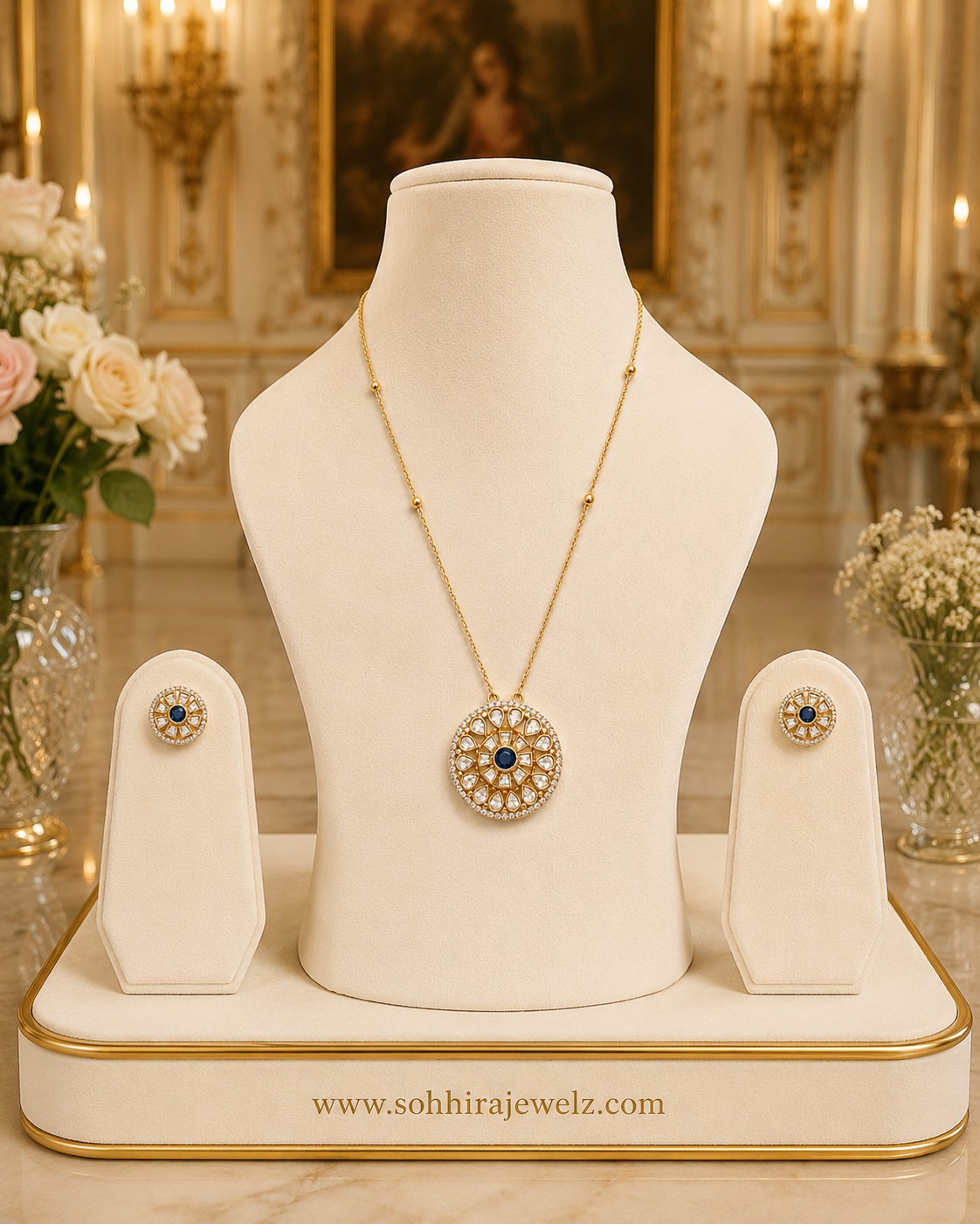 Sitara Polki Sapphire Pendant Set on luxury cream gold display stand - full set view