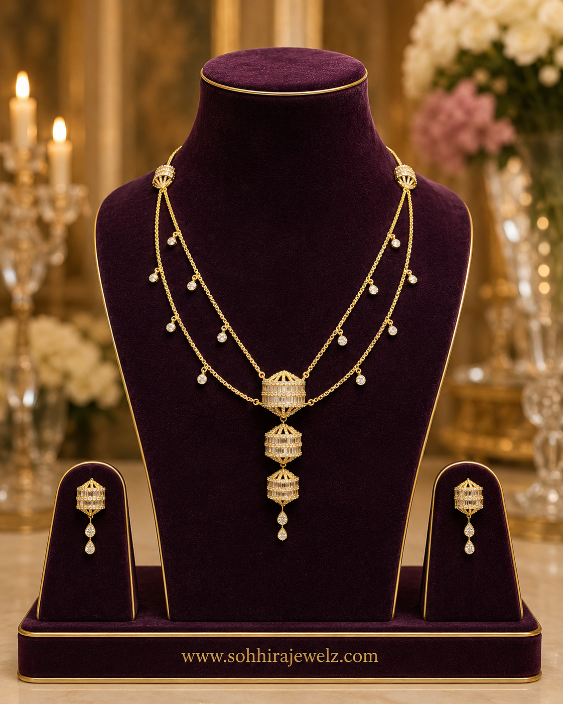 Diamond Lantern Necklace Set on luxury purple velvet bust display with earrings - full set