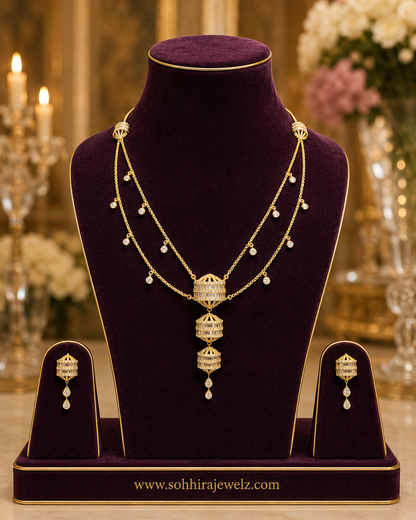 Diamond Lantern Necklace Set on luxury purple velvet bust display with earrings - full set