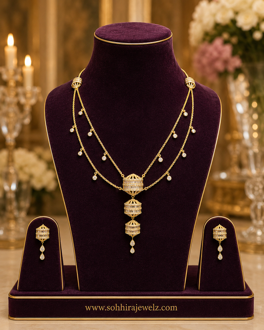 Diamond Lantern Necklace Set on luxury purple velvet bust display with earrings - full set