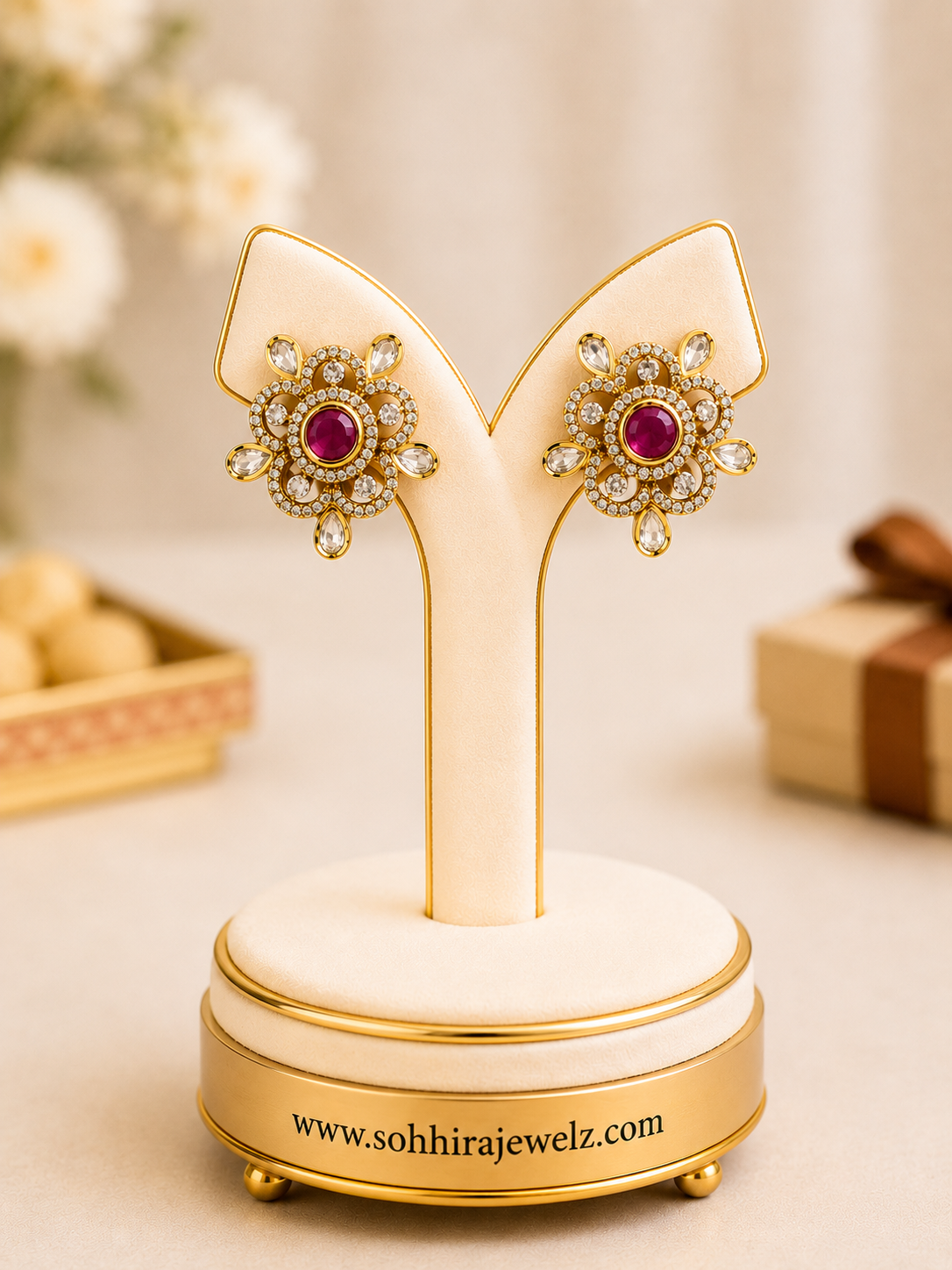 Ruby Blossom Polki Stud Earrings