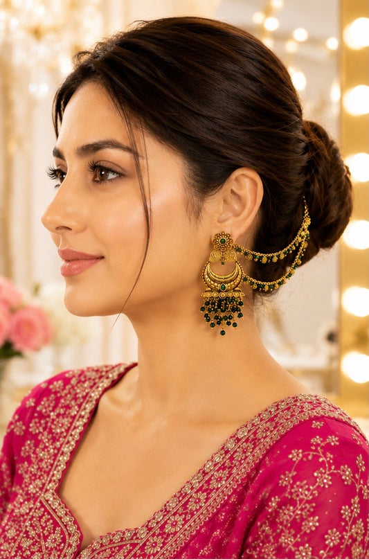 Emerald Chandbali Hair Chain Earrings