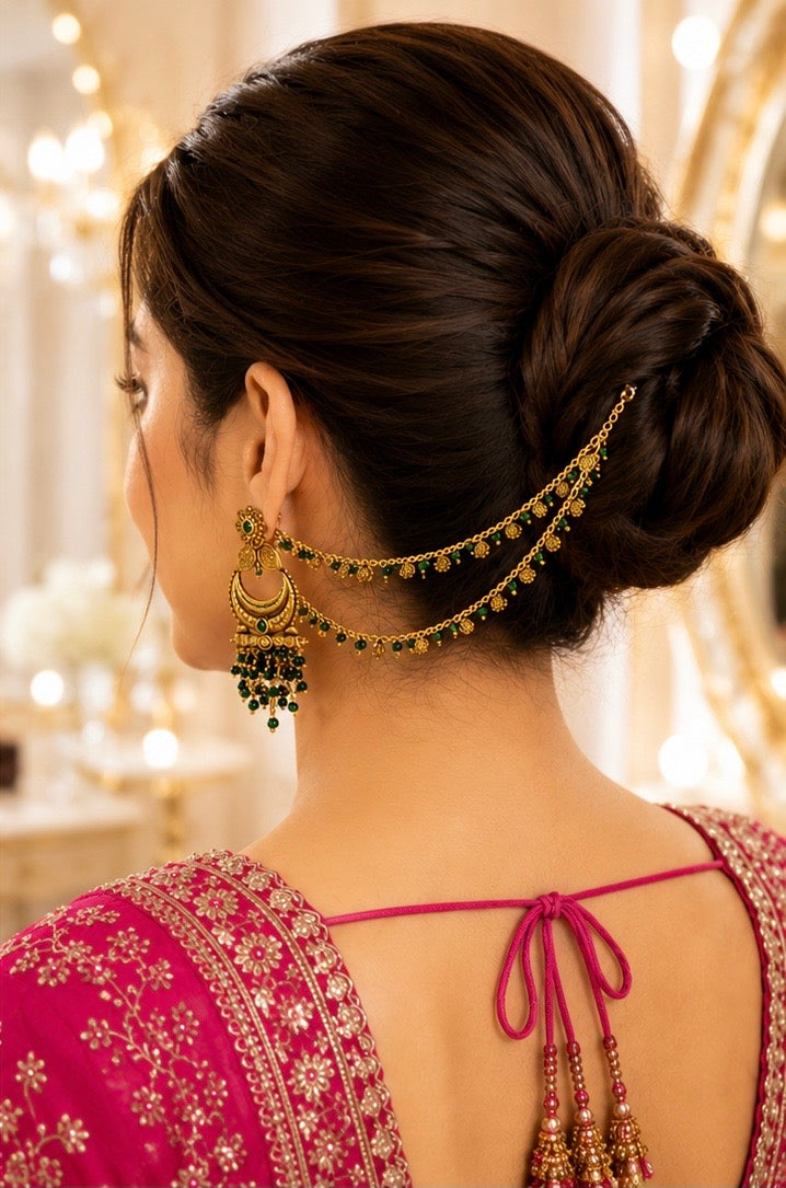Emerald Chandbali Hair Chain Earrings