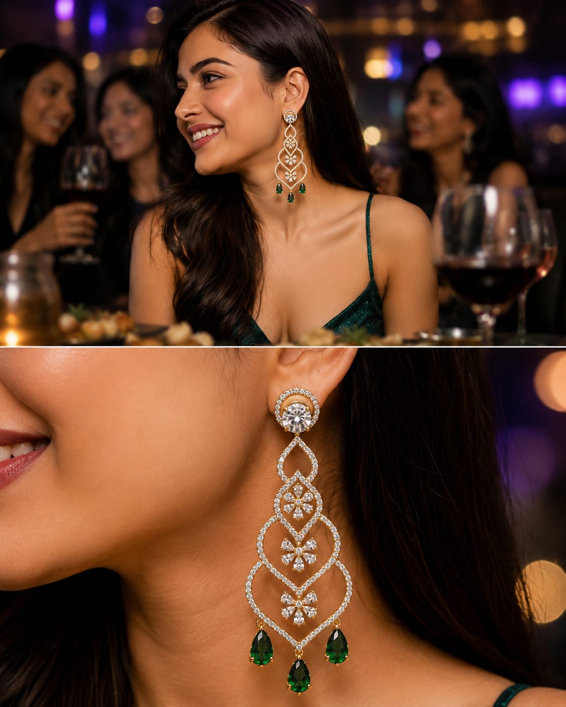 Emerald Diamond Gold Chandelier Earrings