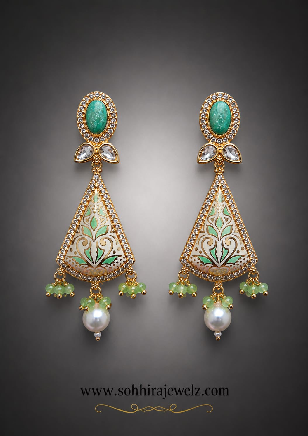 Noorjahan Turquoise Meenakari Pearl Drop Earrings product flat lay on dark grey background
