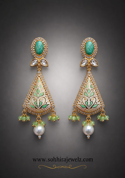 Noorjahan Turquoise Meenakari Pearl Drop Earrings product flat lay on dark grey background