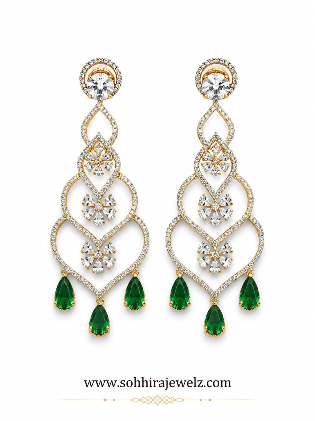Emerald Diamond Gold Chandelier Earrings